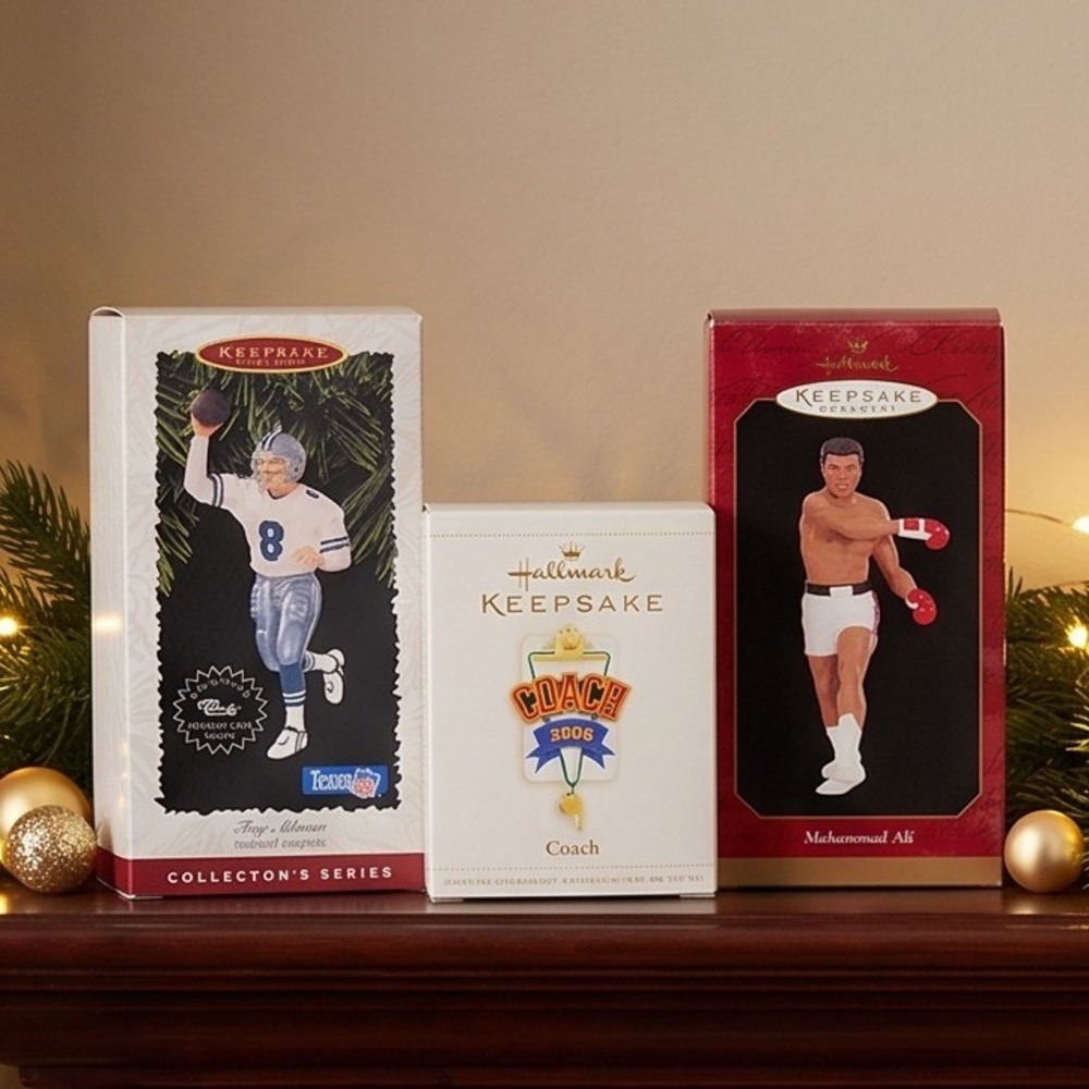Hallmark Keepsake Ornaments Lot Muhammad Ali Troy Aikman Coach 1996 1999 2006